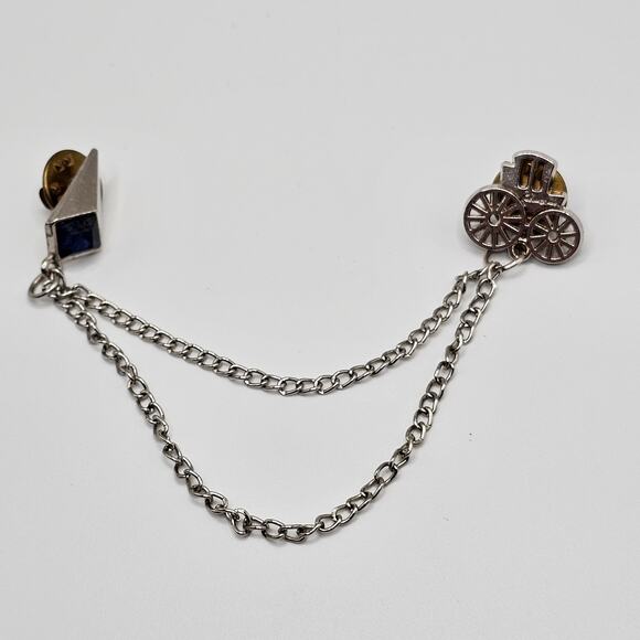 Vintage Sweater Clip Pin Brooch Tie Tack Stagecoach Silvertone Blue Rhinestone - Picture 2 of 5